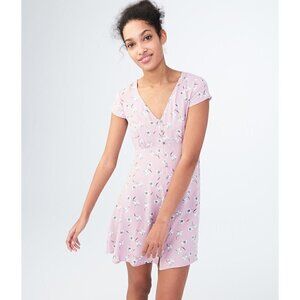 Aeropostale Pink Floral Short Sleeve Button Front Mini Shirt Dress XS
